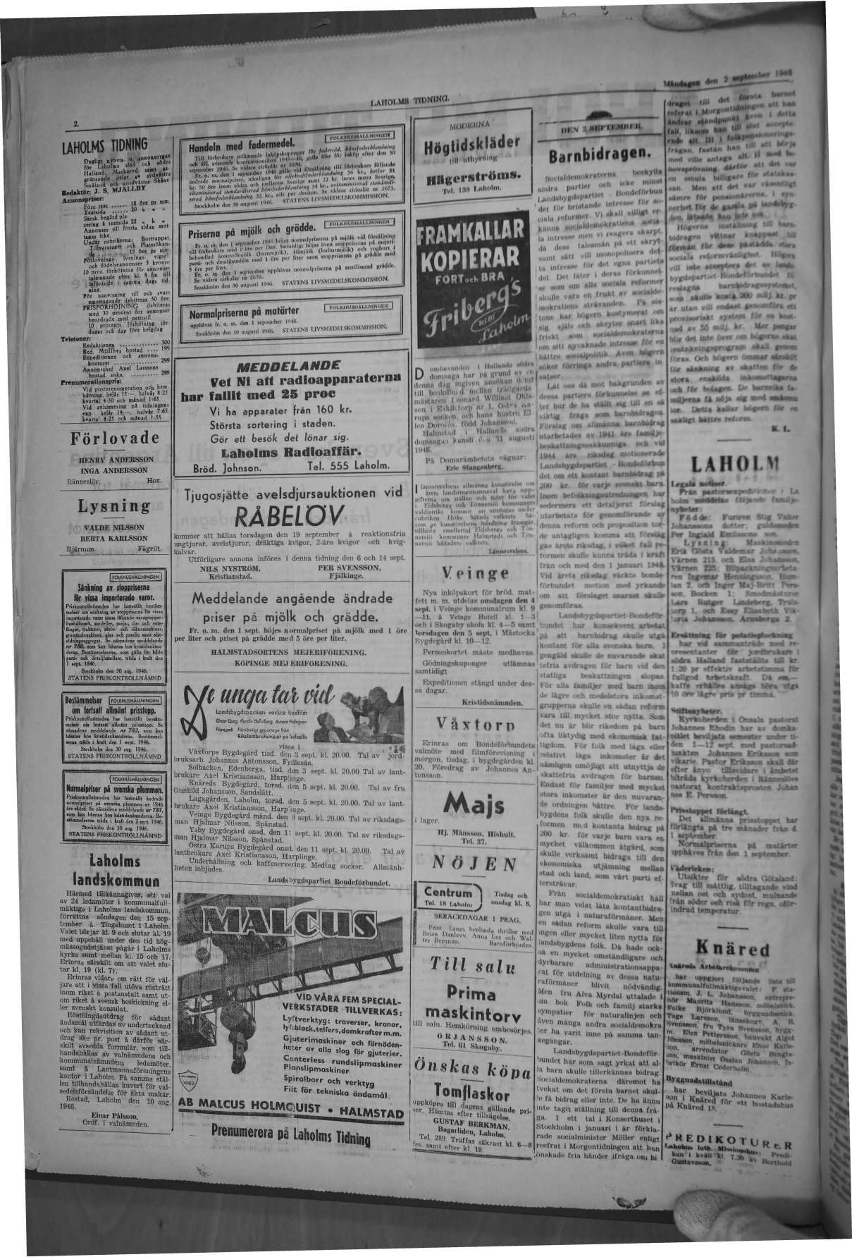 Laholms Tidning Måndag 2 september 1946, sida 2