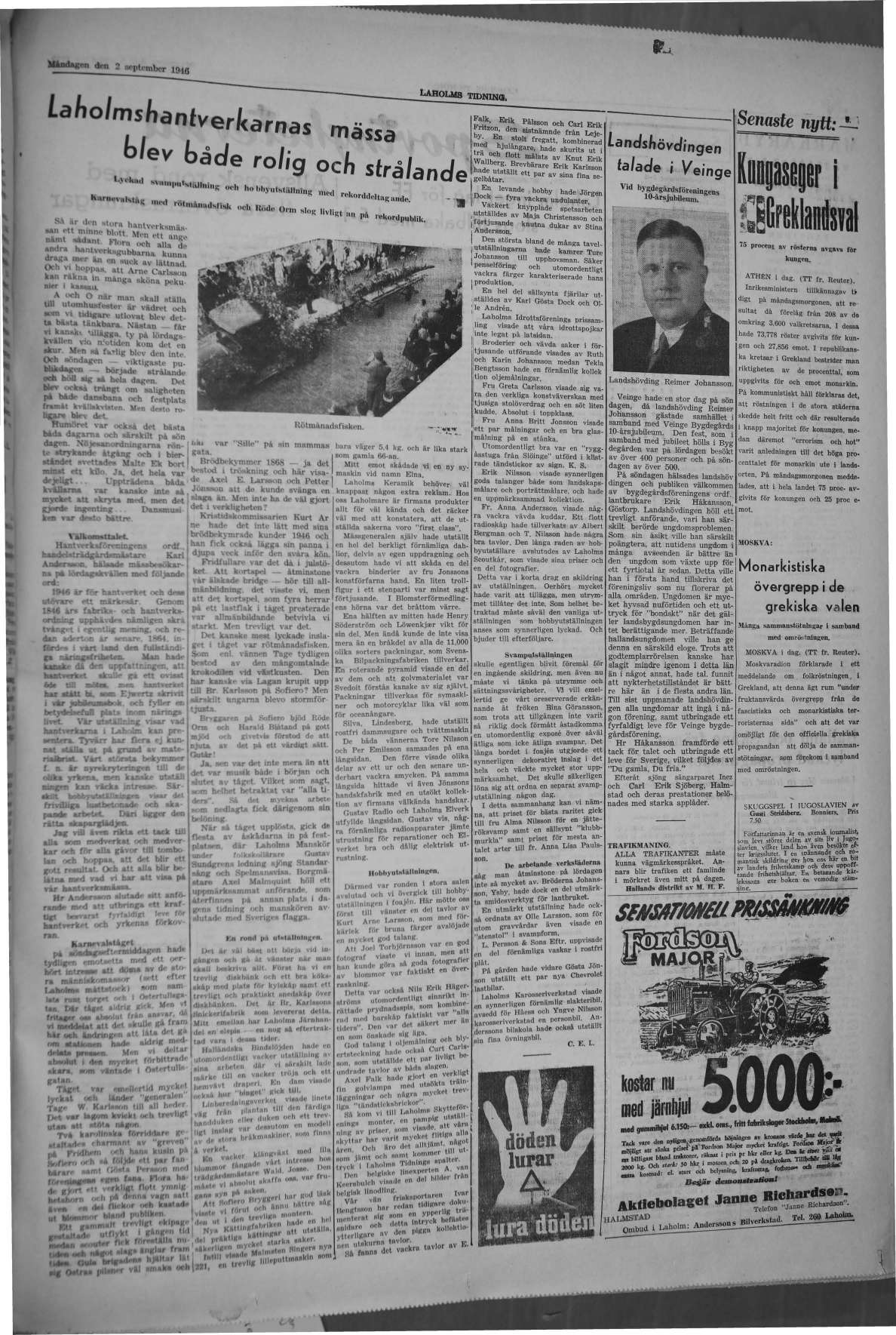 Laholms Tidning Måndag 2 september 1946, sida 3