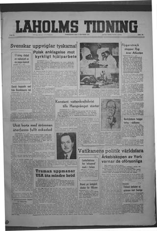 Förstasidan, Torsdag 2 oktober 1947