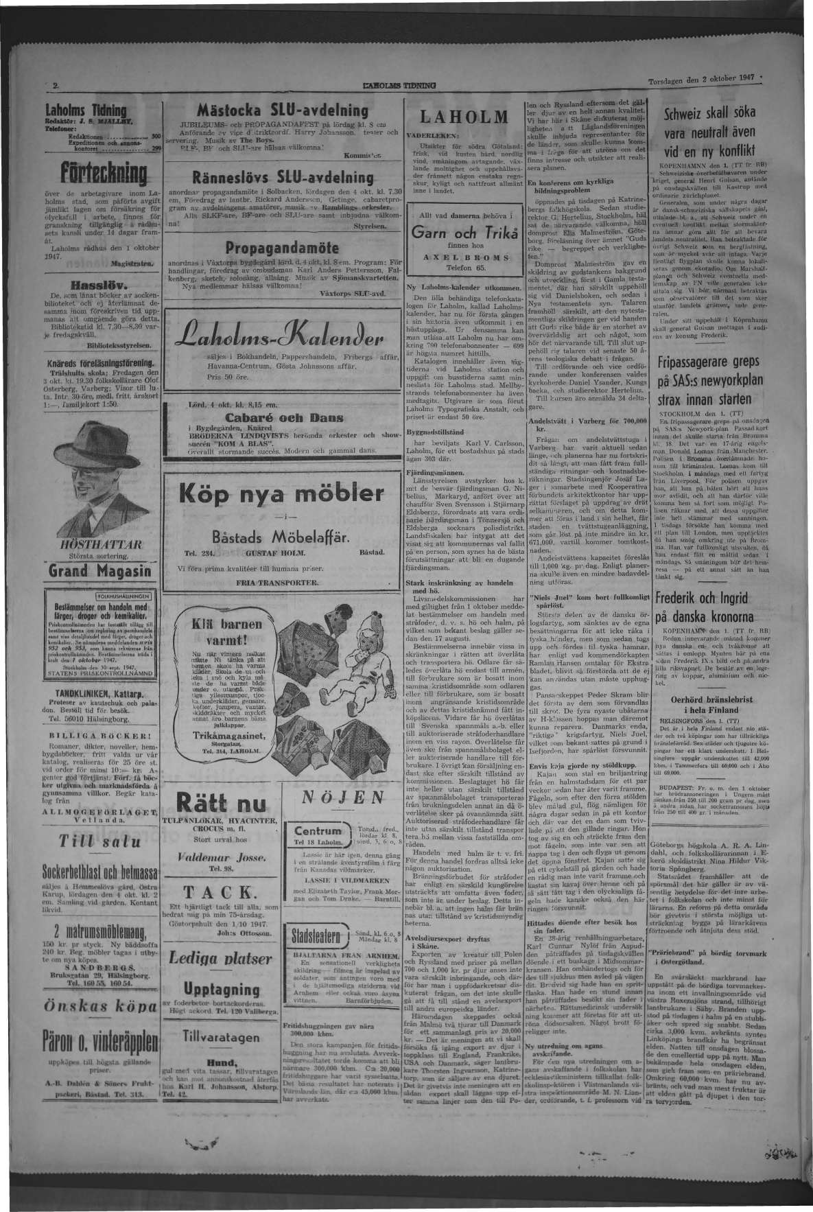 Laholms Tidning Torsdag 2 oktober 1947, sida 2