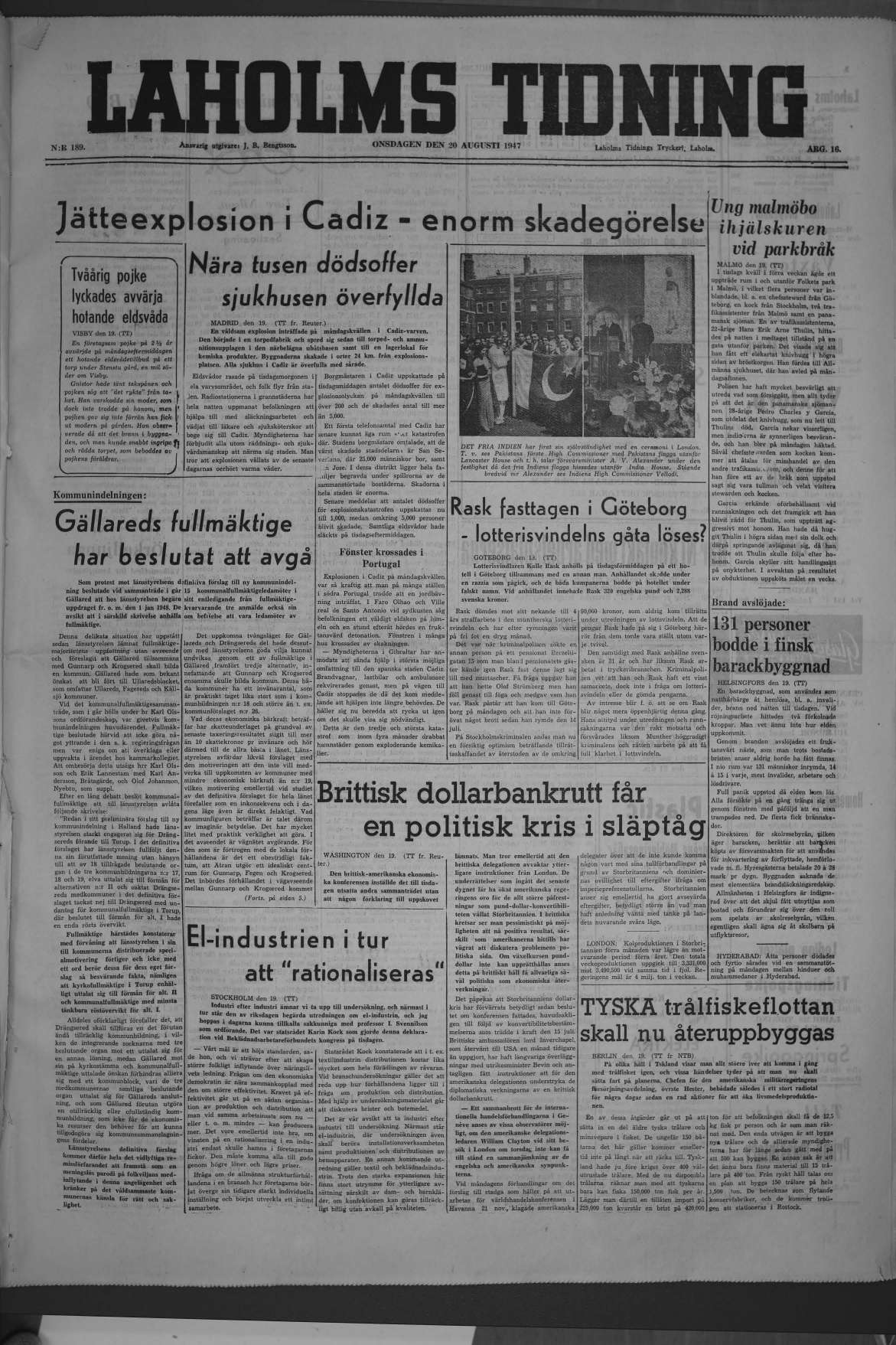 Laholms Tidning Onsdag 20 augusti 1947, sida 1