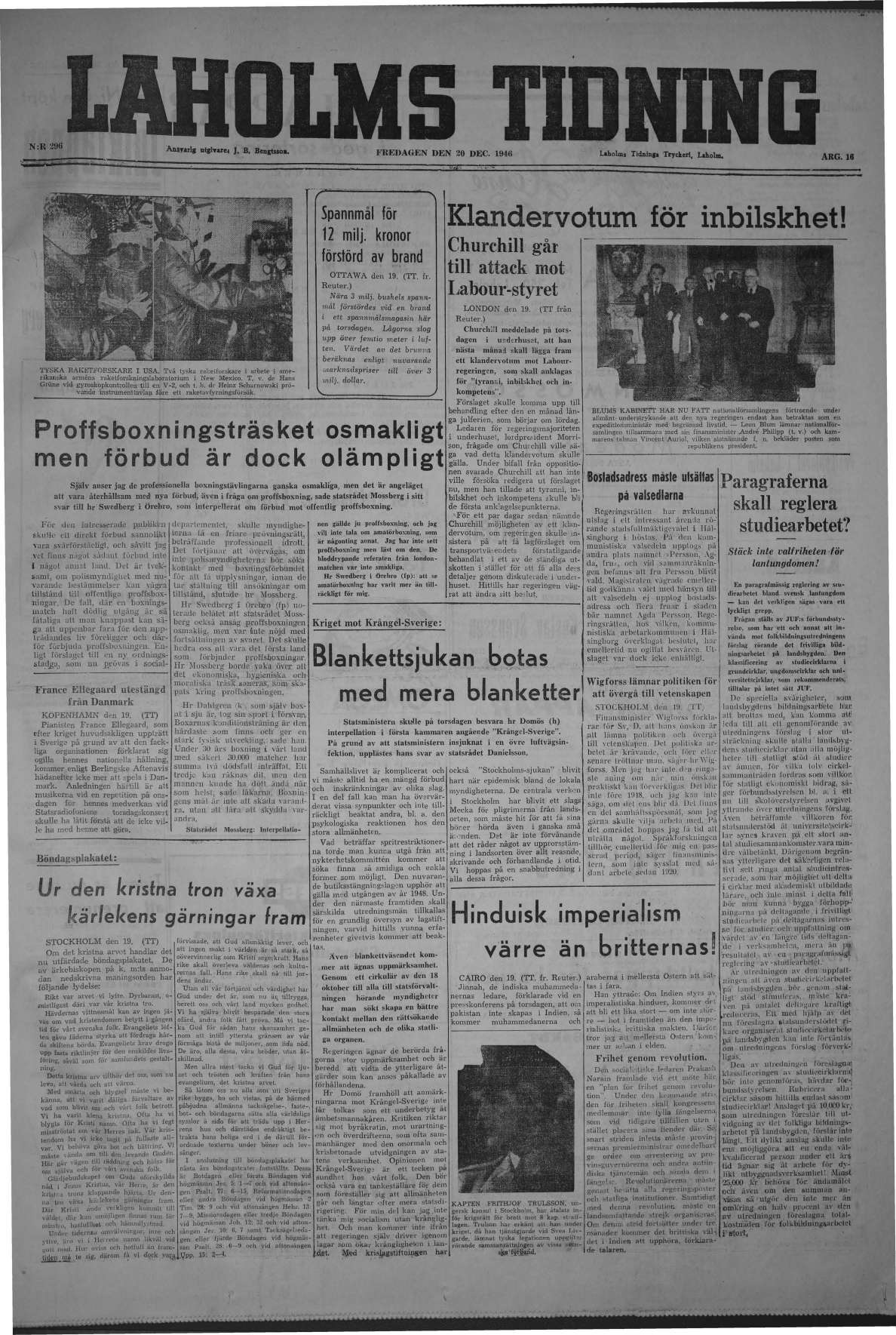 Laholms Tidning Fredag 20 december 1946, sida 1