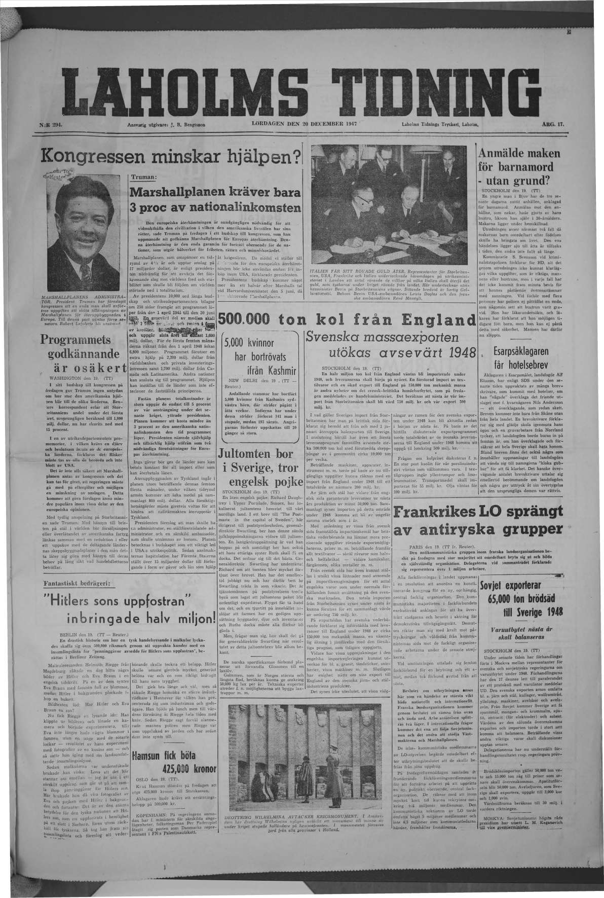 Laholms Tidning Lördag 20 december 1947, sida 1
