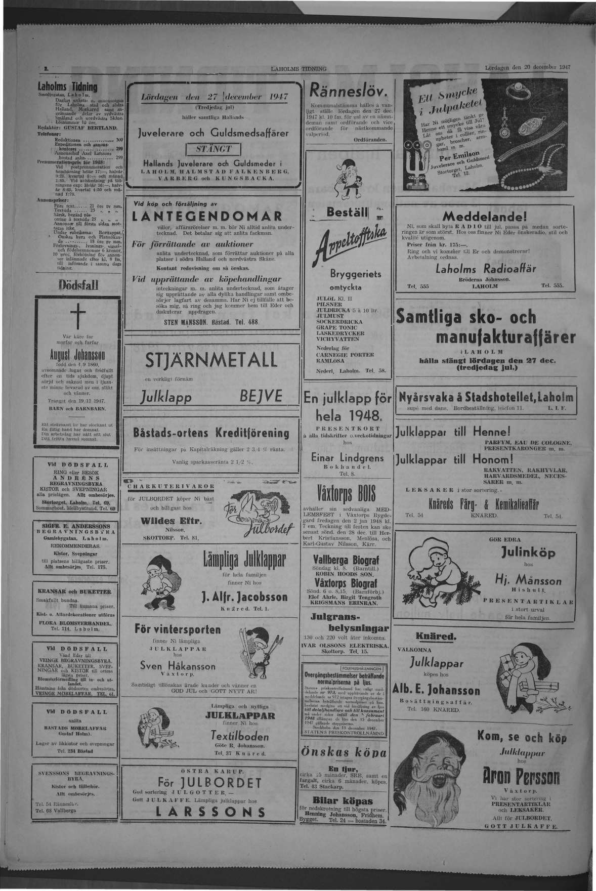 Laholms Tidning Lördag 20 december 1947, sida 2