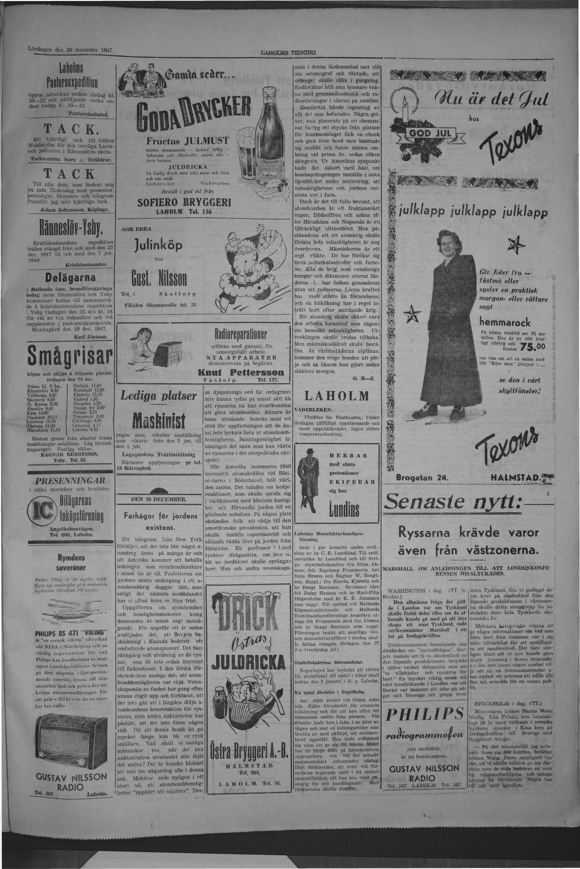 Laholms Tidning Lördag 20 december 1947, sida 3