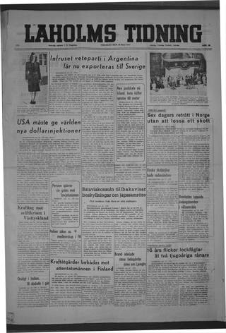Förstasidan, Tisdag 20 maj 1947