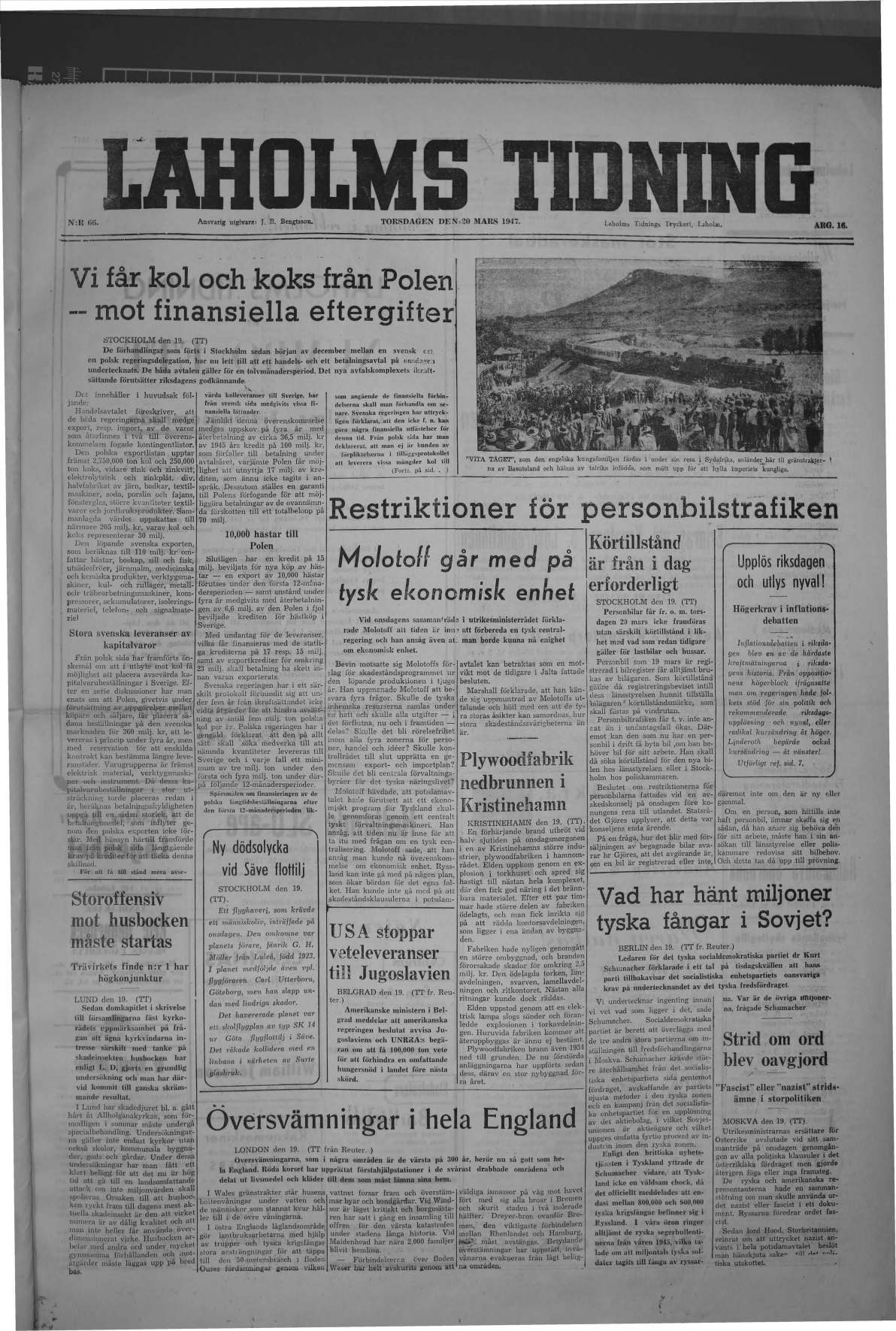 Laholms Tidning Torsdag 20 mars 1947, sida 1