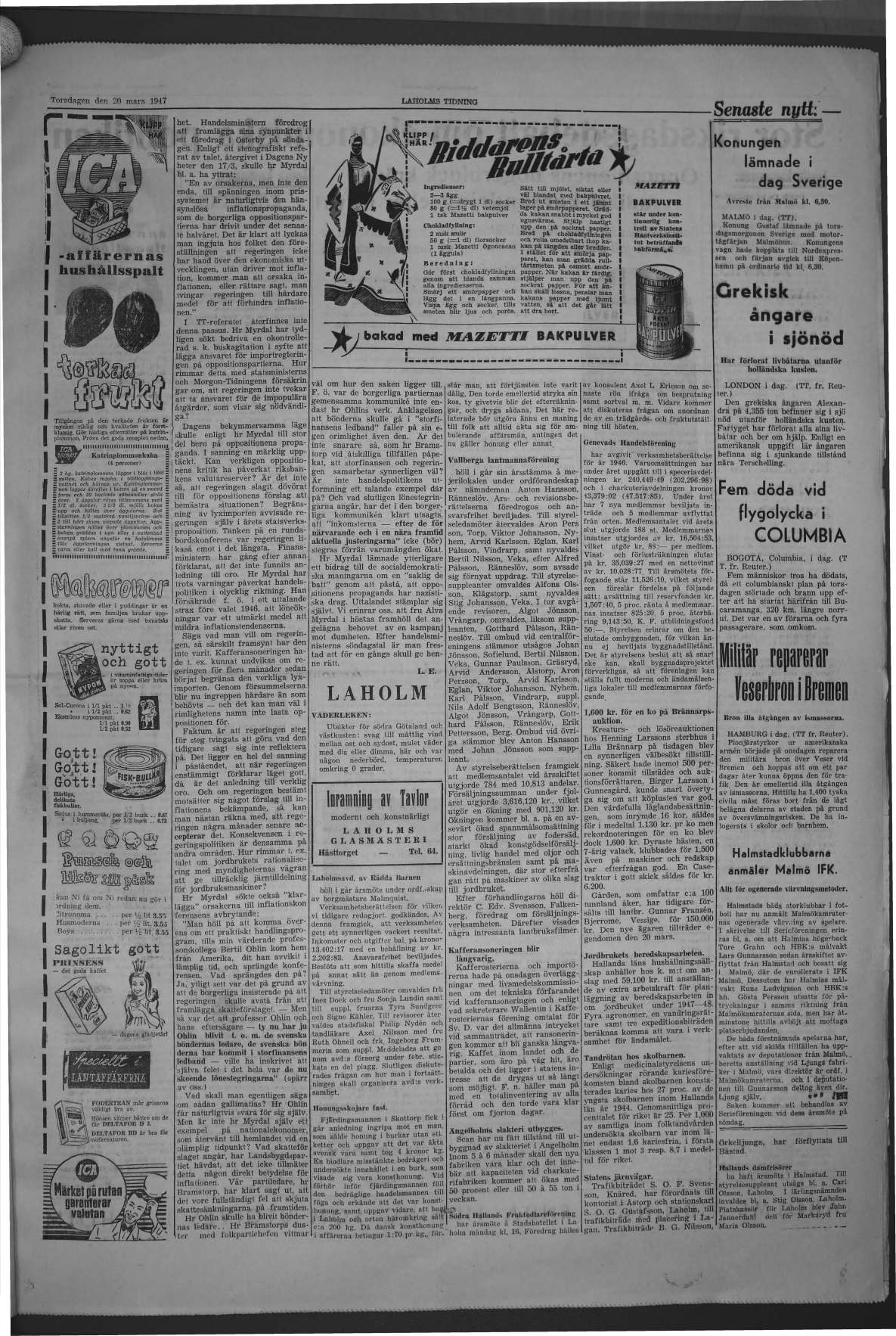 Laholms Tidning Torsdag 20 mars 1947, sida 3