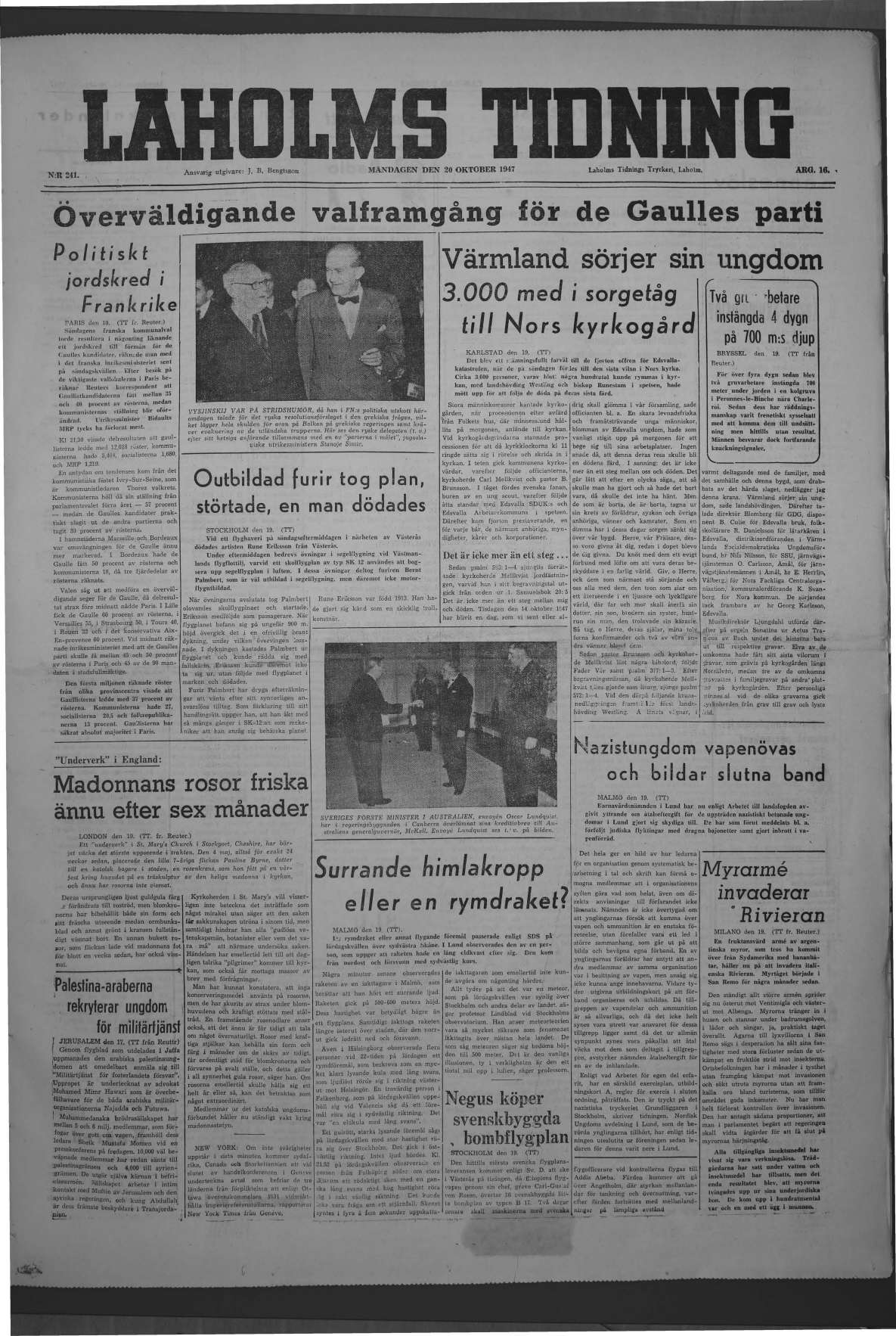 Laholms Tidning Måndag 20 oktober 1947, sida 1