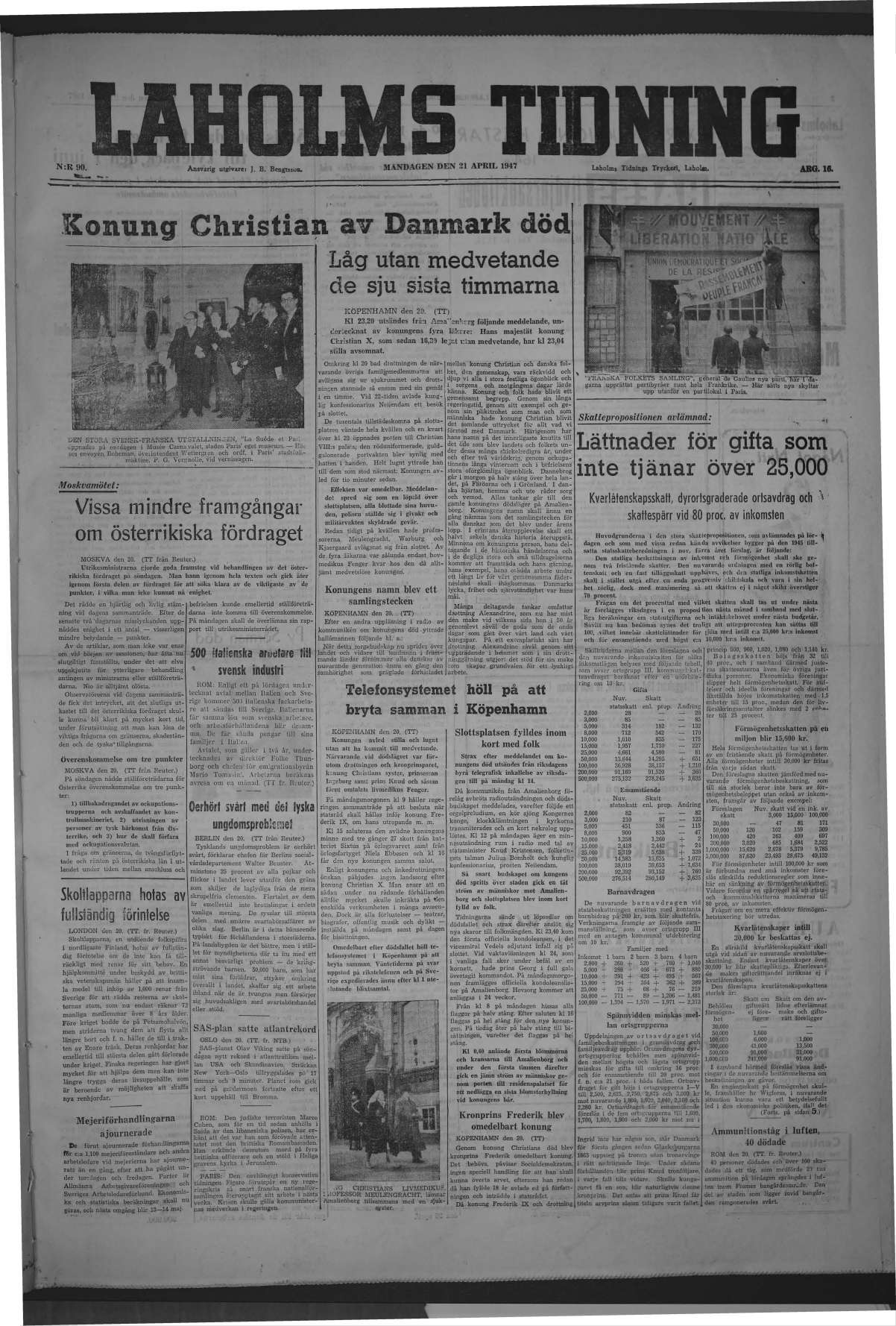 Laholms Tidning Måndag 21 april 1947, sida 1
