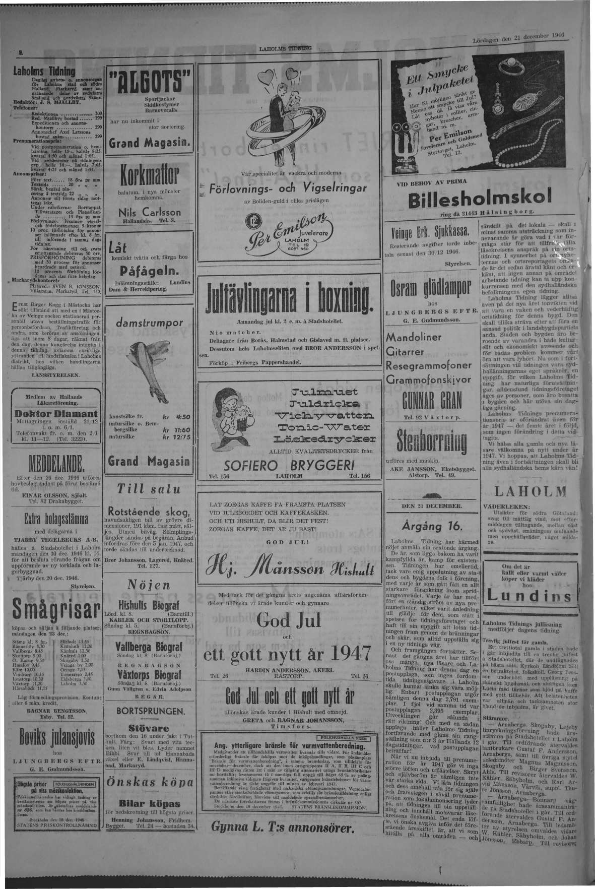Laholms Tidning Lördag 21 december 1946, sida 2