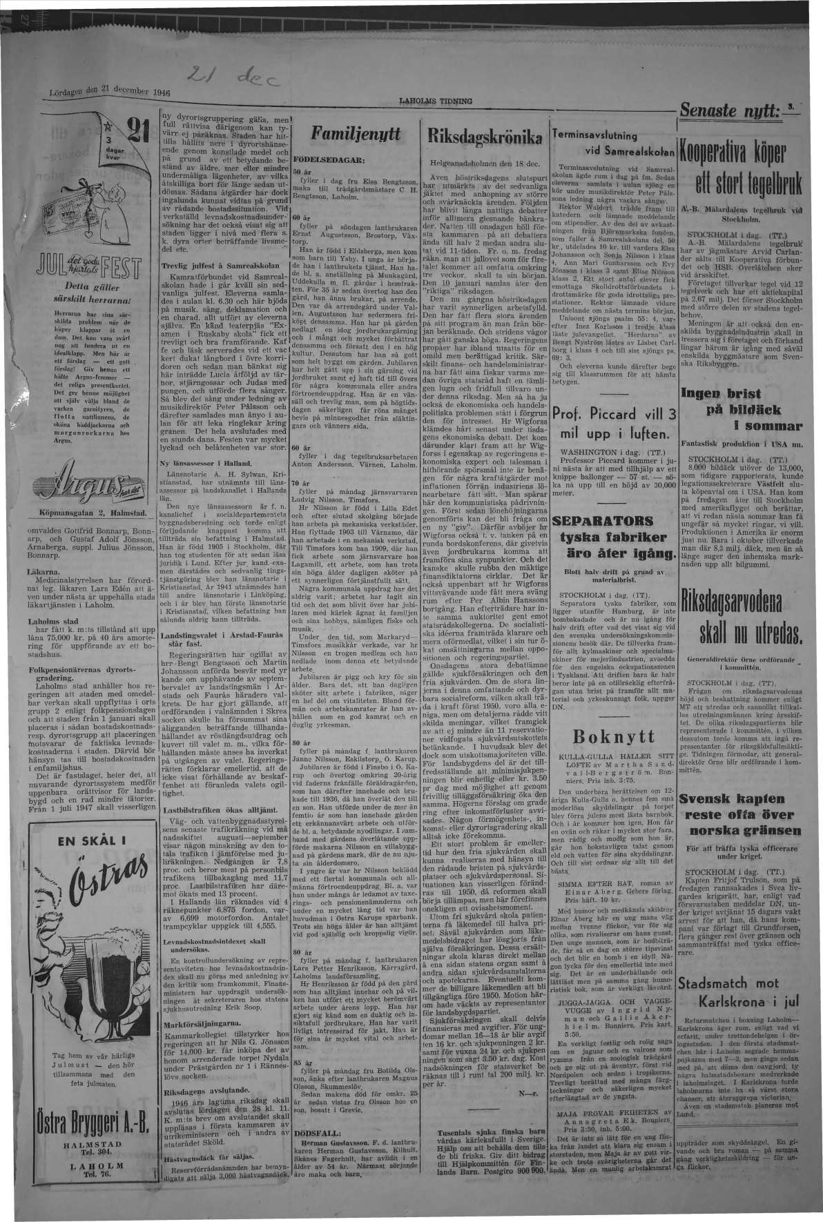 Laholms Tidning Lördag 21 december 1946, sida 3