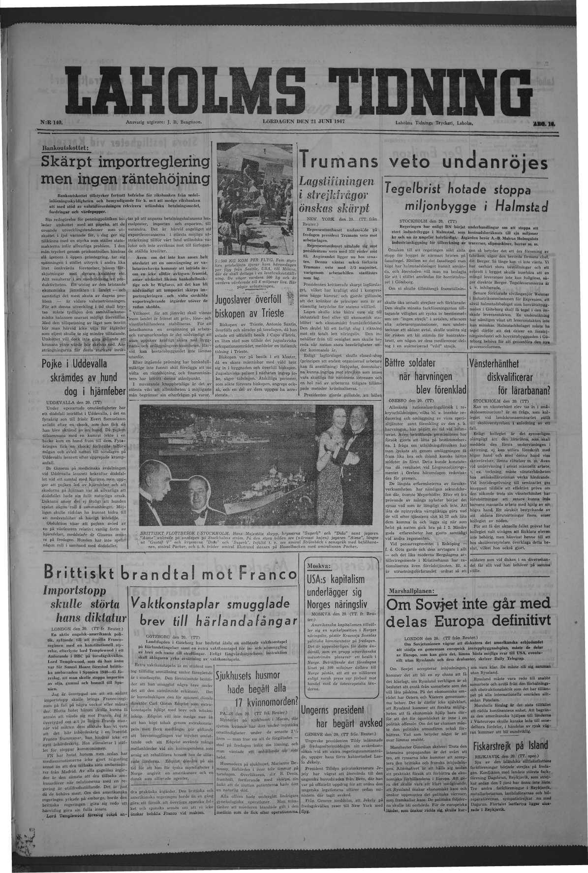 Laholms Tidning Lördag 21 juni 1947, sida 1