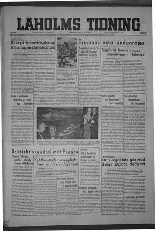 Förstasidan, Lördag 21 juni 1947