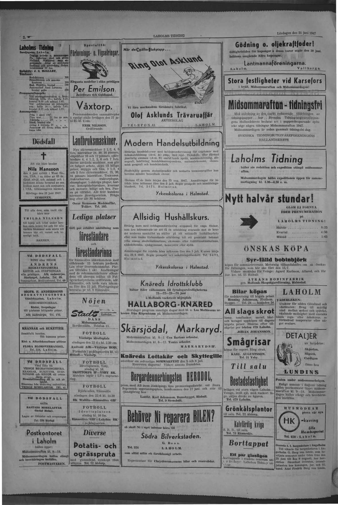 Laholms Tidning Lördag 21 juni 1947, sida 2