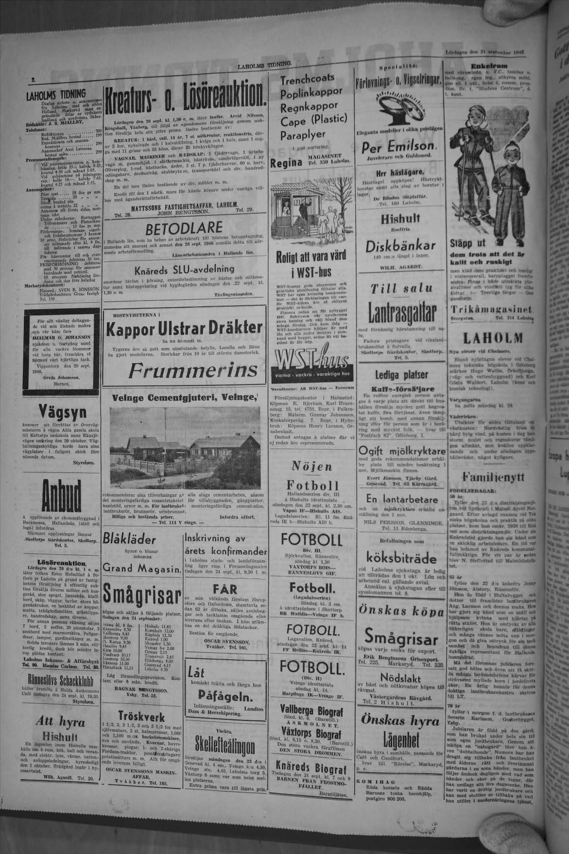 Laholms Tidning Lördag 21 september 1946, sida 2
