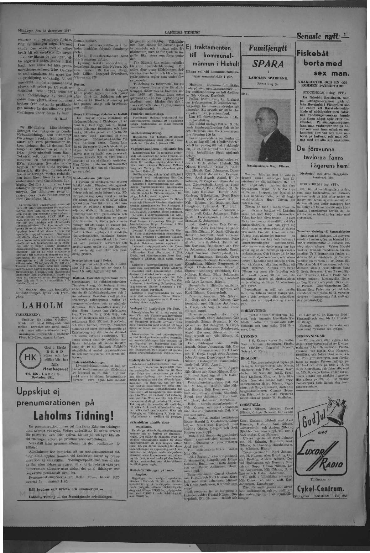 Laholms Tidning Måndag 22 december 1947, sida 3