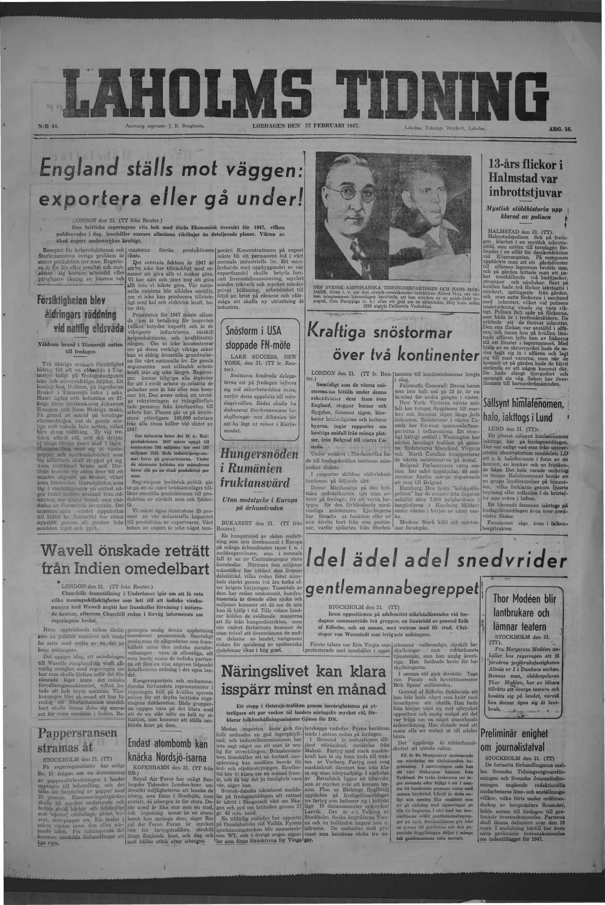 Laholms Tidning Lördag 22 februari 1947, sida 1