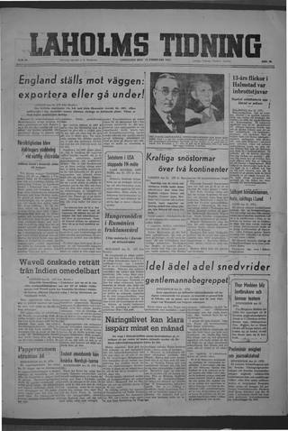 Förstasidan, Lördag 22 februari 1947