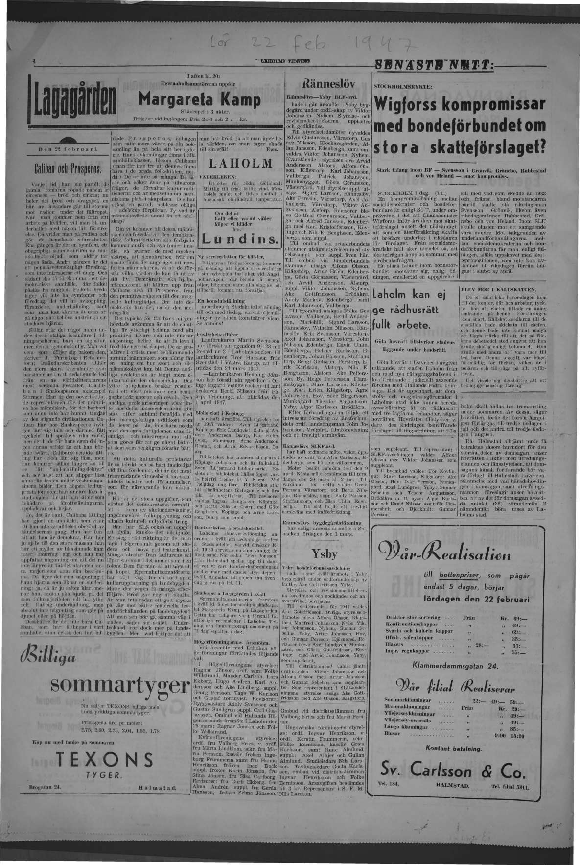 Laholms Tidning Lördag 22 februari 1947, sida 4