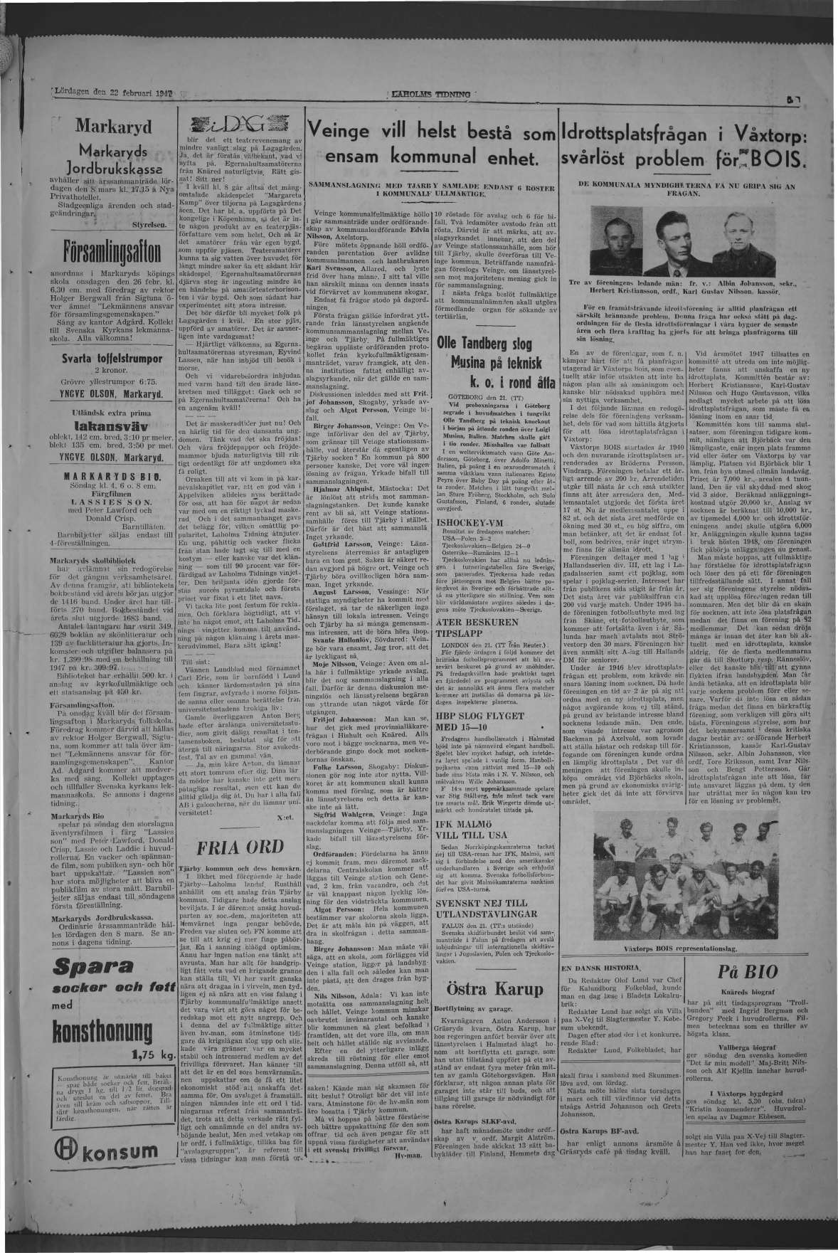 Laholms Tidning Lördag 22 februari 1947, sida 5