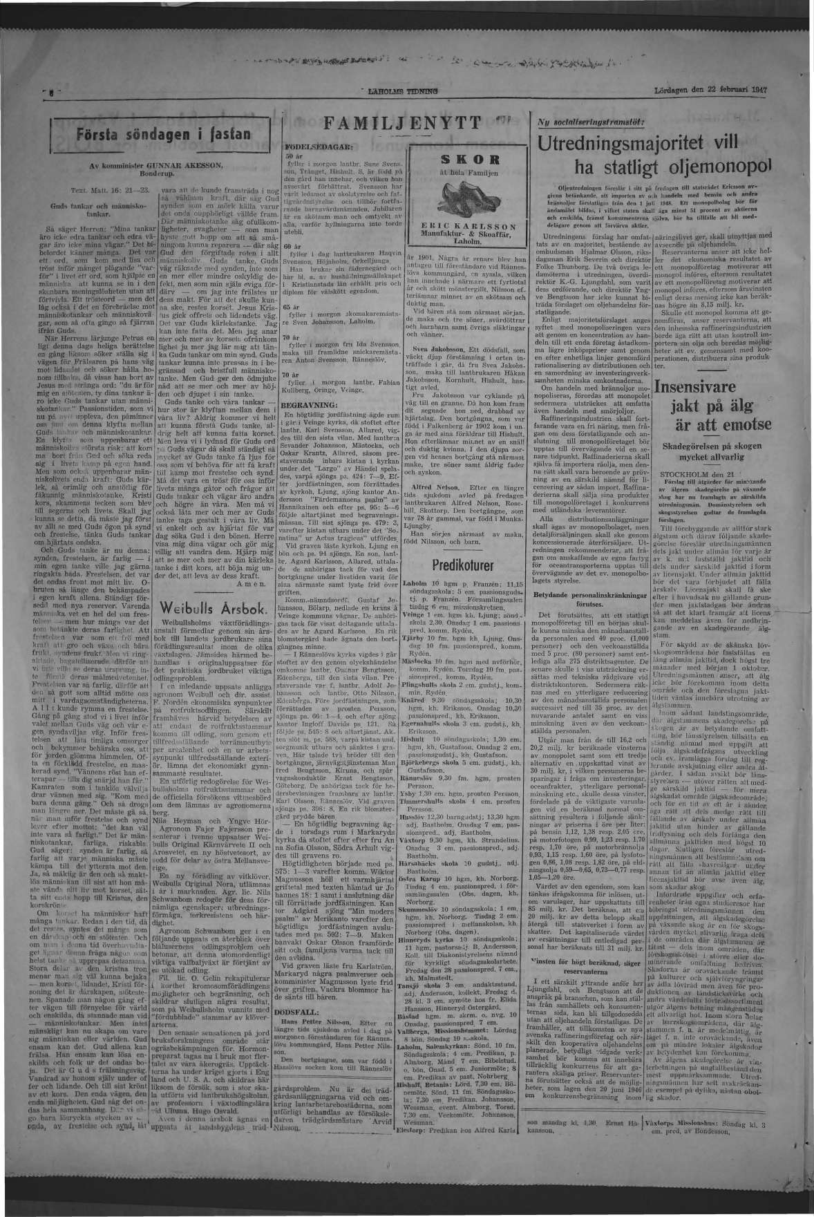 Laholms Tidning Lördag 22 februari 1947, sida 6
