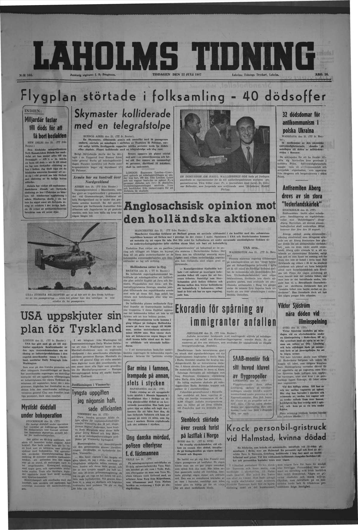 Laholms Tidning Tisdag 22 juli 1947, sida 1