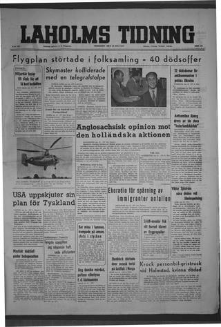 Förstasidan, Tisdag 22 juli 1947