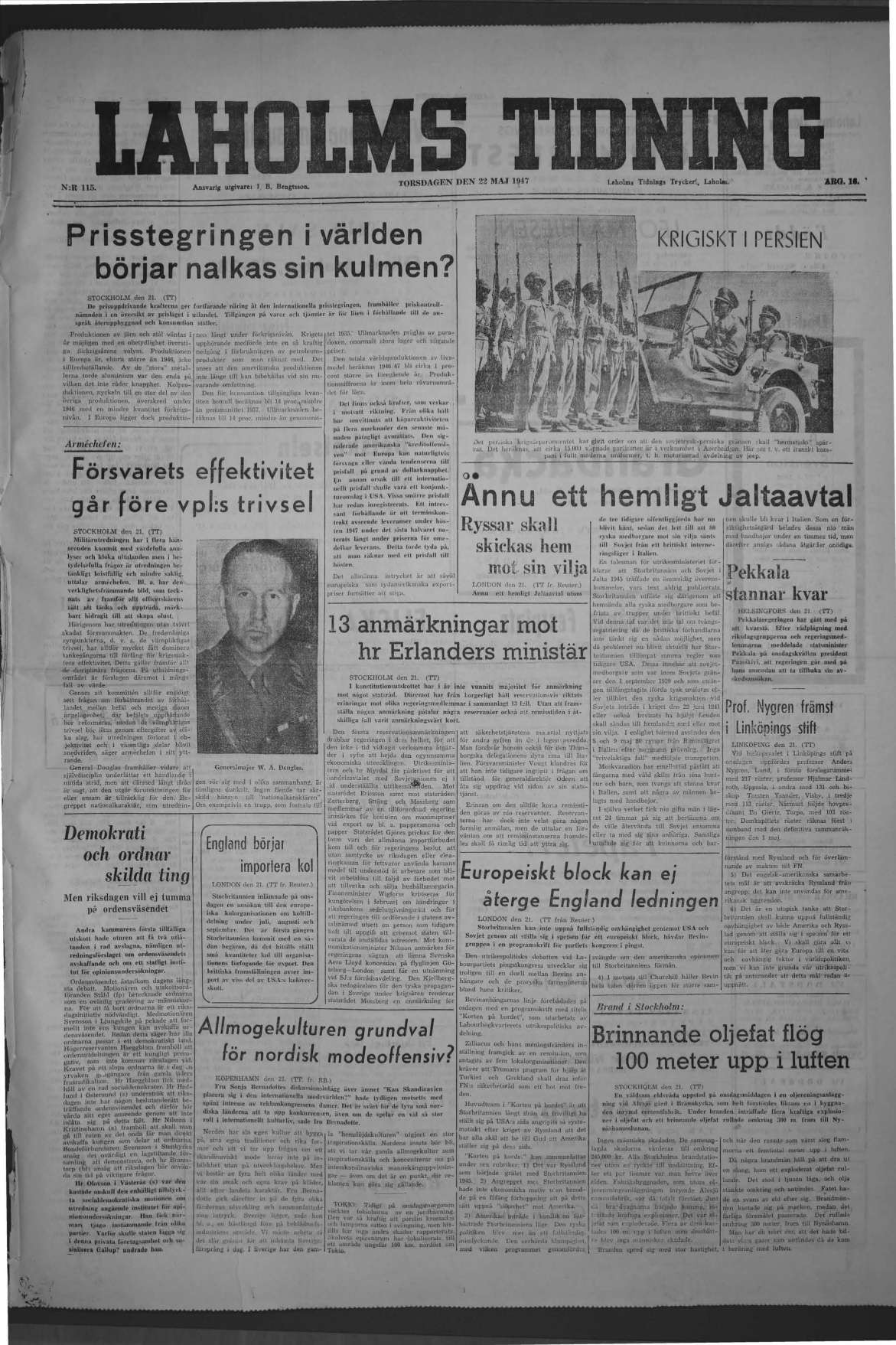 Laholms Tidning Torsdag 22 maj 1947, sida 1