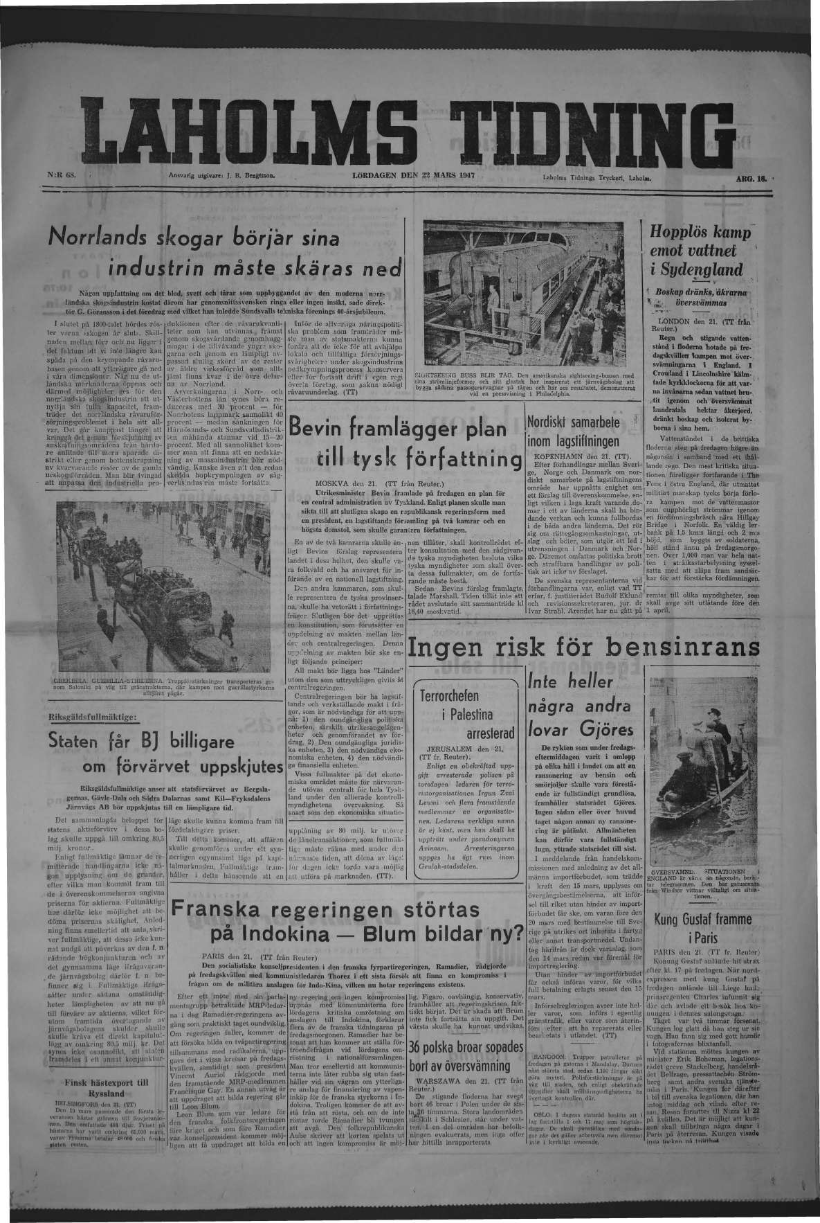 Laholms Tidning Lördag 22 mars 1947, sida 1