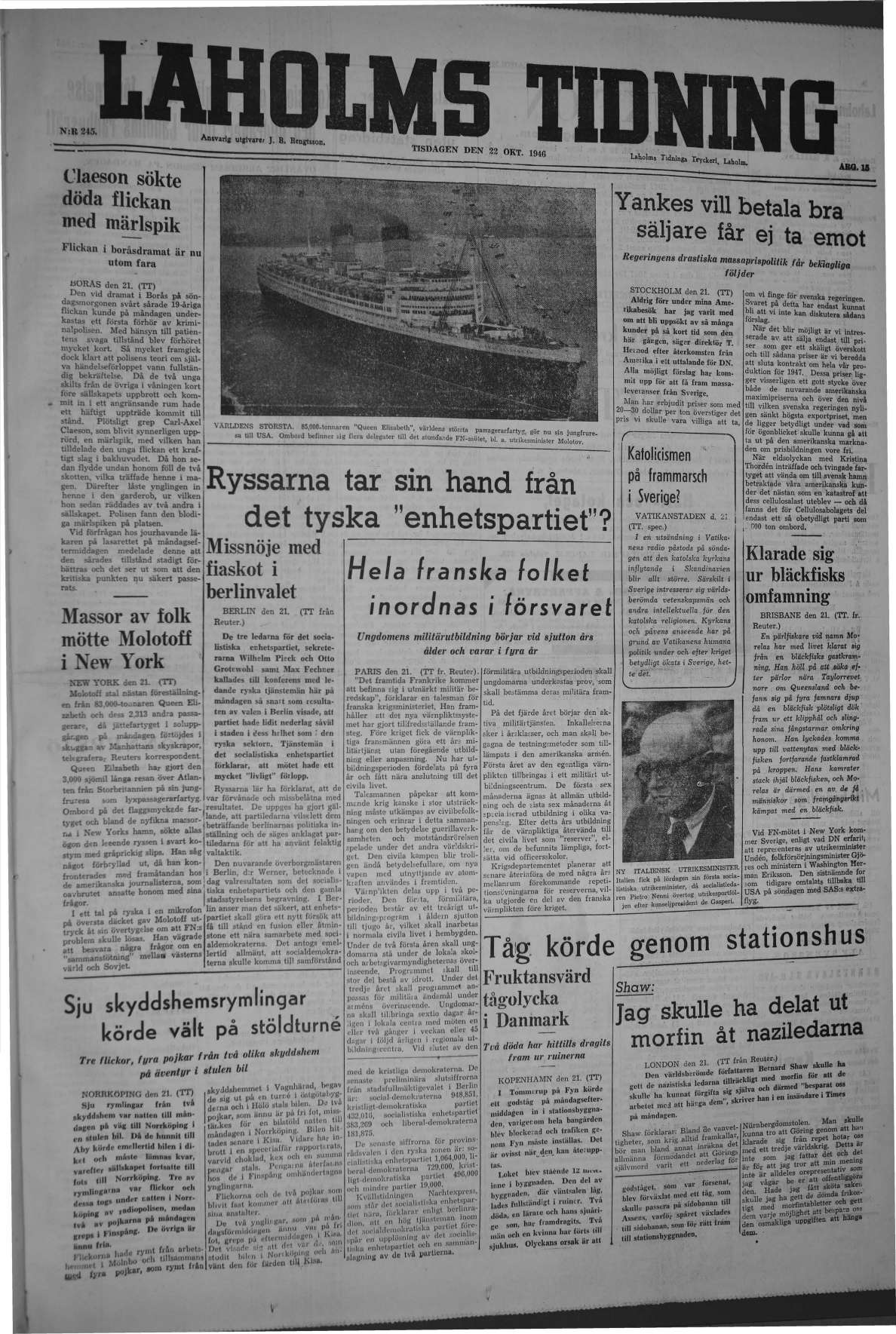 Laholms Tidning Tisdag 22 oktober 1946, sida 1