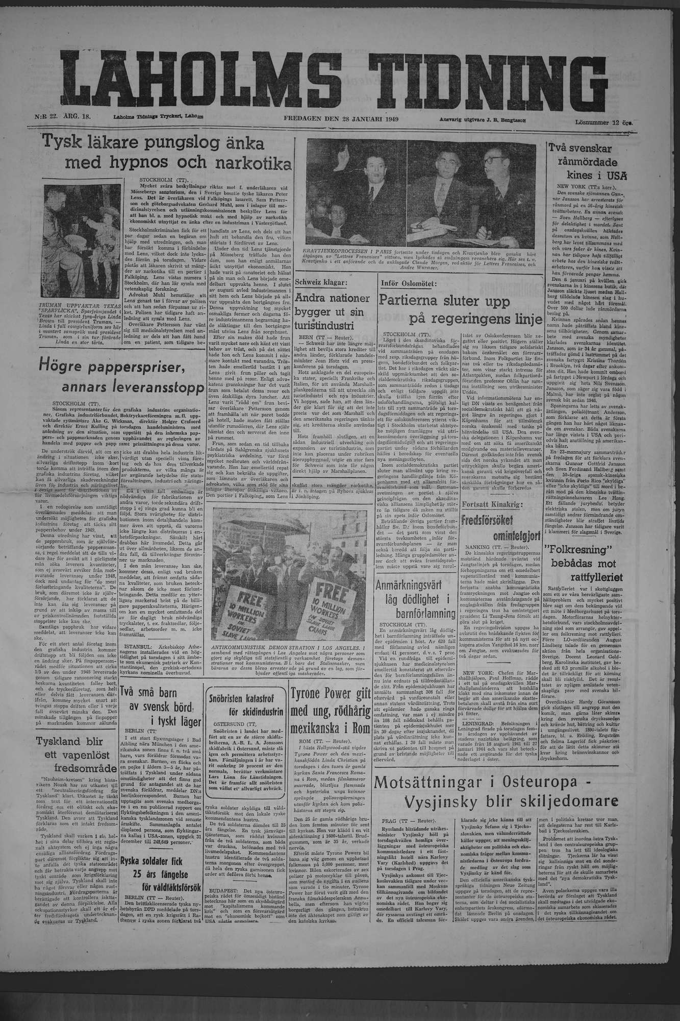 Laholms Tidning Fredag 28 januari 1949, sida 1