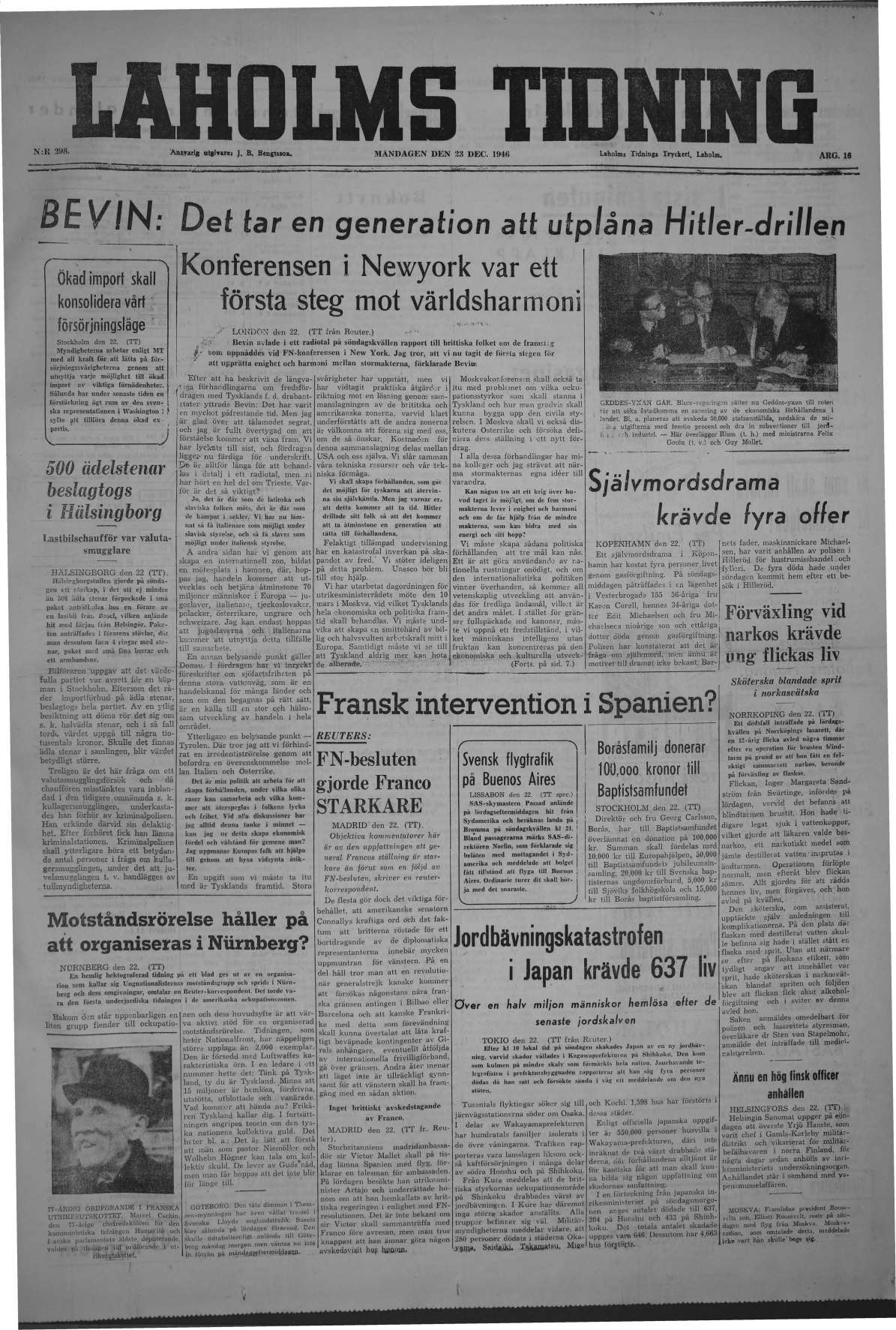 Laholms Tidning Måndag 23 december 1946, sida 1