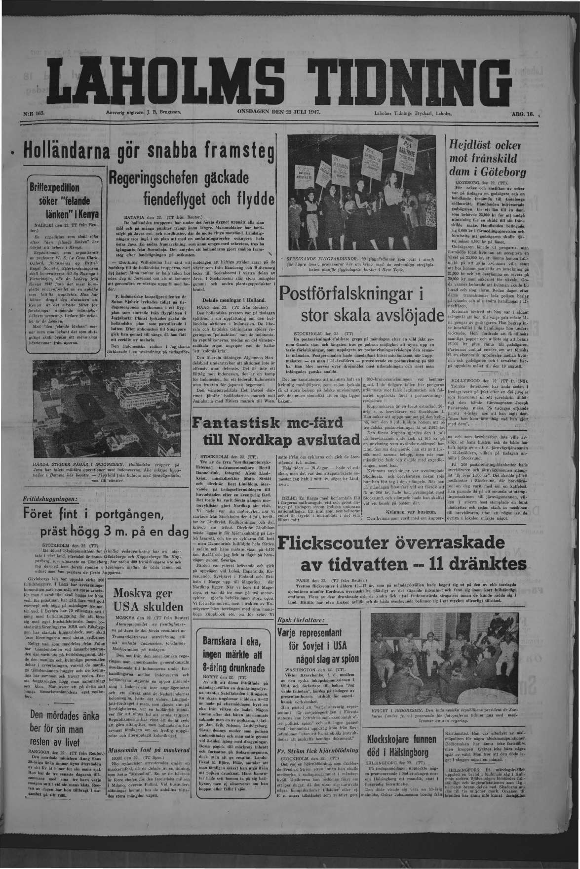 Laholms Tidning Onsdag 23 juli 1947, sida 1
