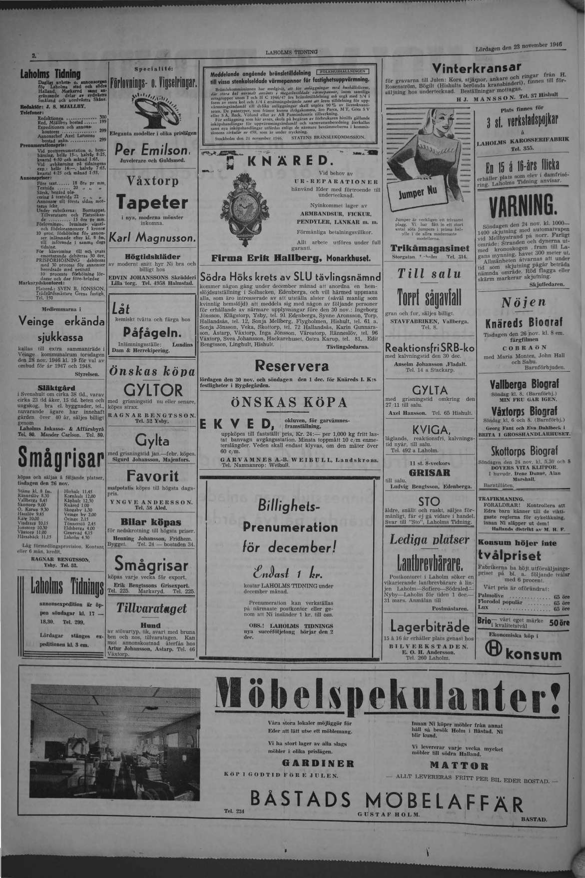 Laholms Tidning Lördag 23 november 1946, sida 2