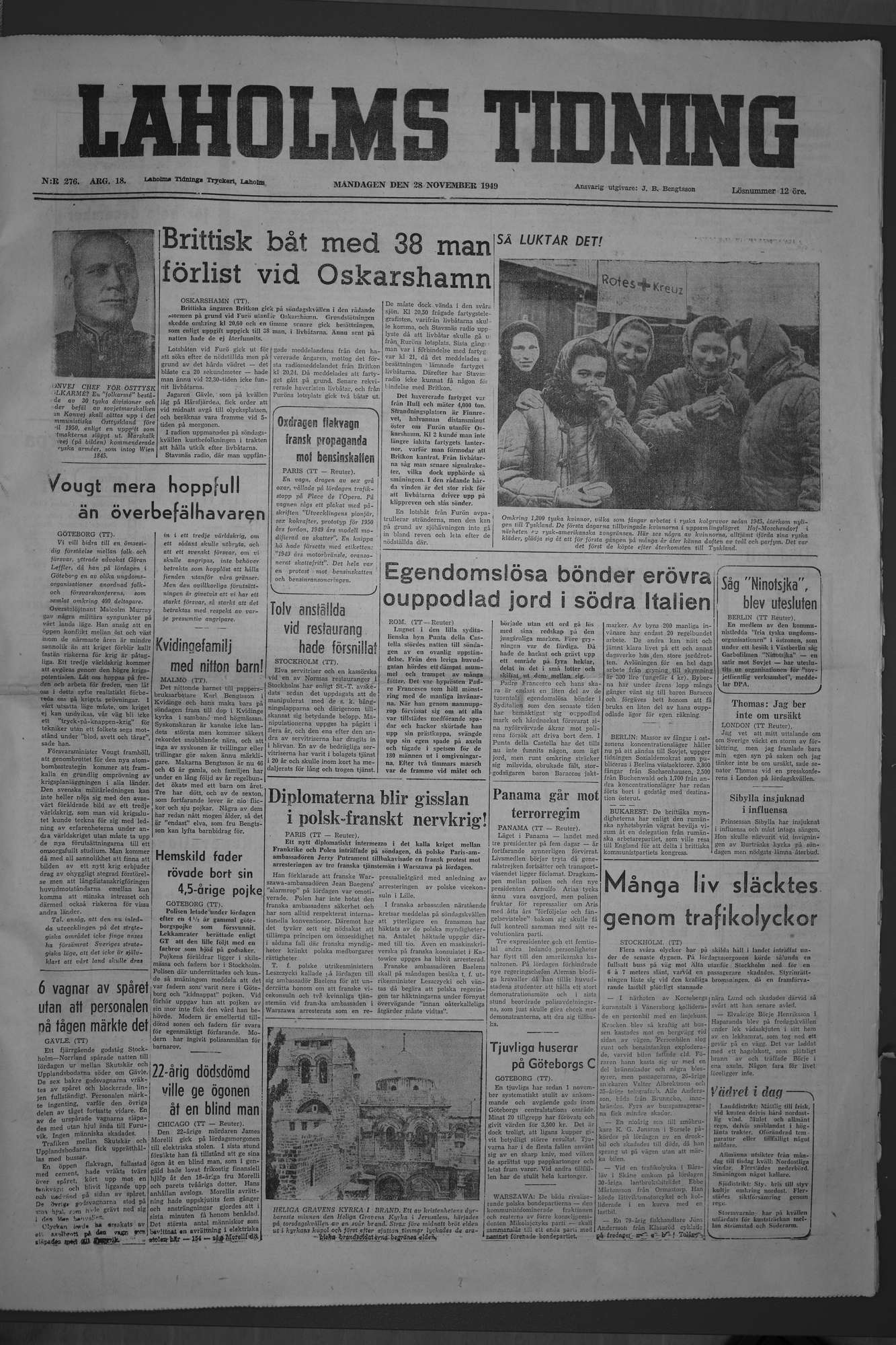 Laholms Tidning Måndag 28 november 1949, sida 1