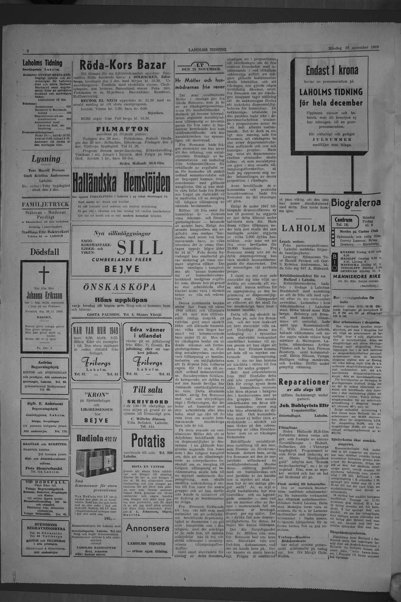 Laholms Tidning Måndag 28 november 1949, sida 2
