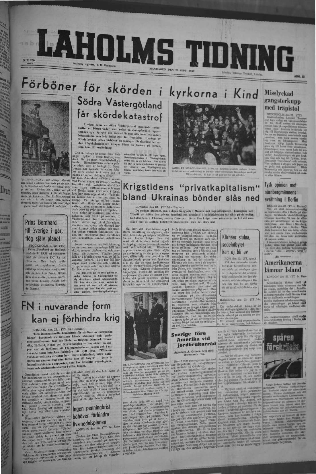 Laholms Tidning Måndag 23 september 1946, sida 1