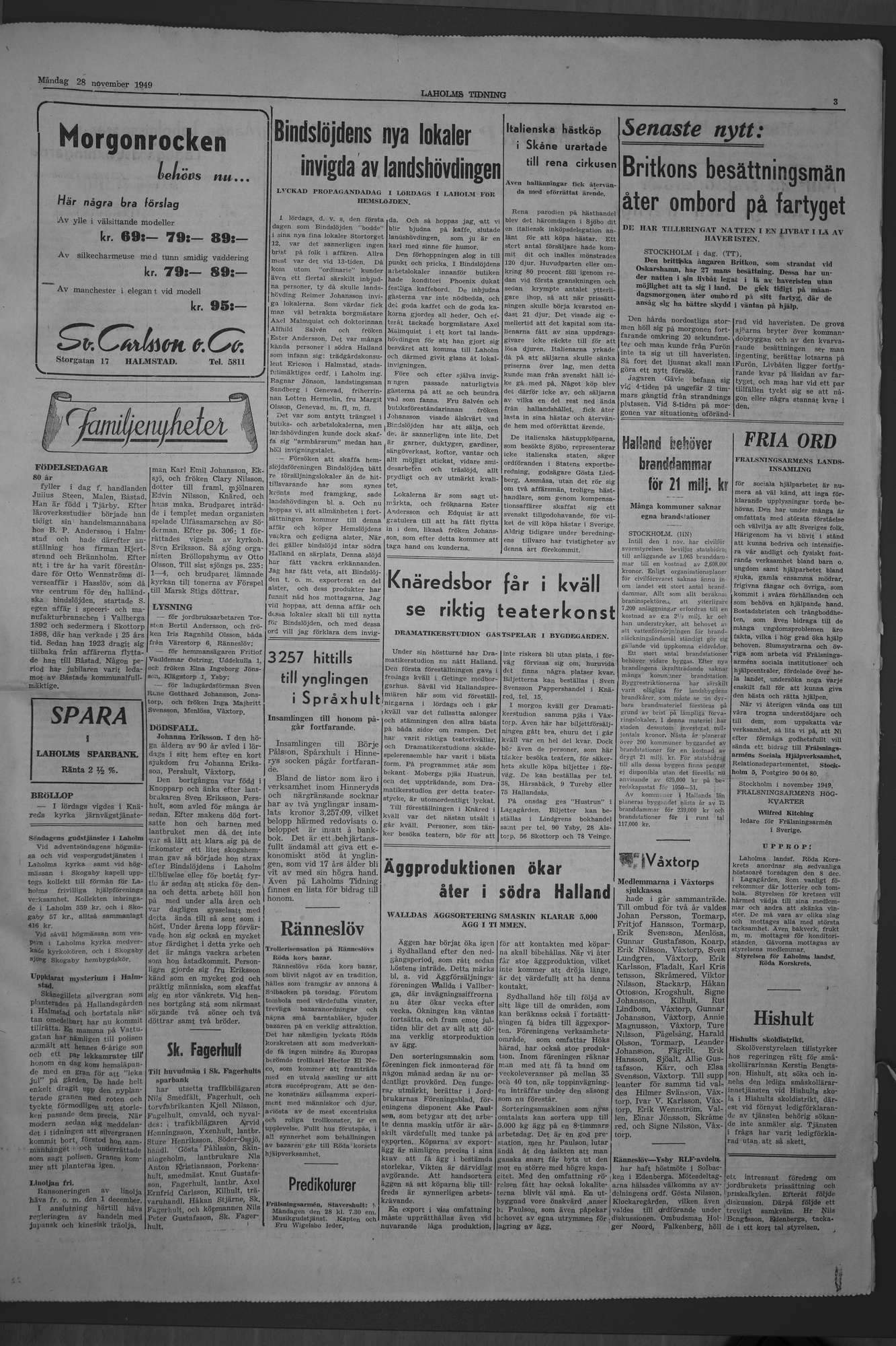 Laholms Tidning Måndag 28 november 1949, sida 3