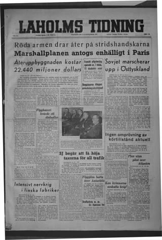 Förstasidan, Tisdag 23 september 1947