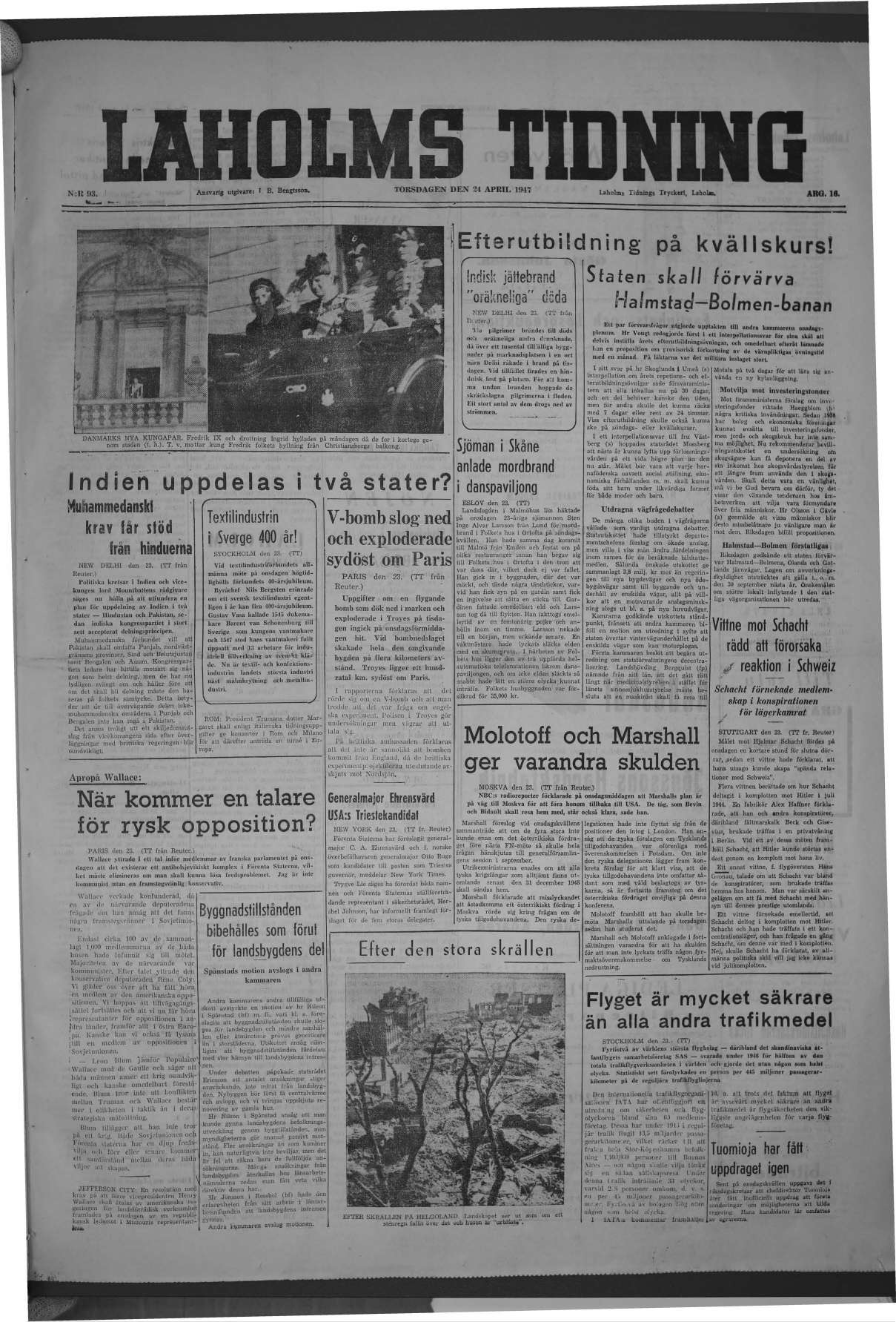 Laholms Tidning Torsdag 24 april 1947, sida 1