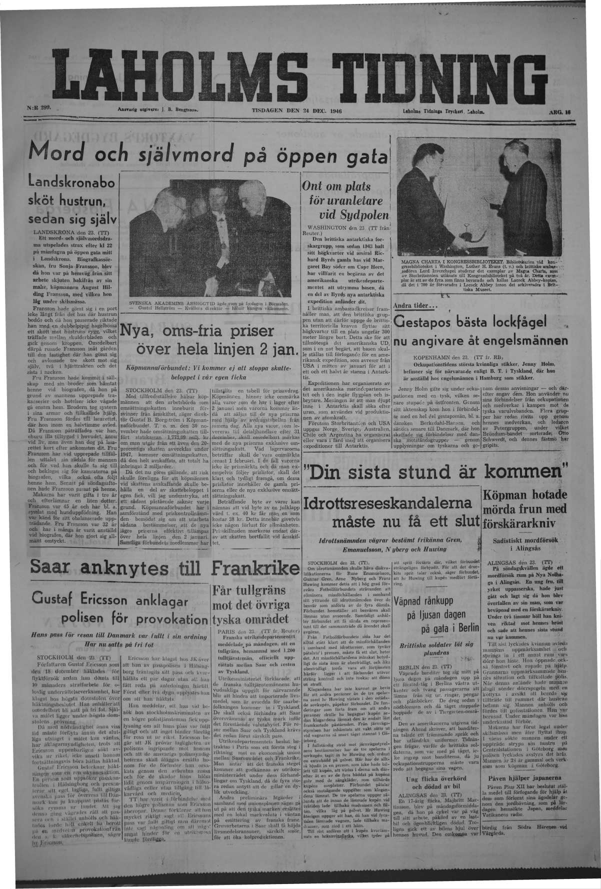 Laholms Tidning Tisdag 24 december 1946, sida 1