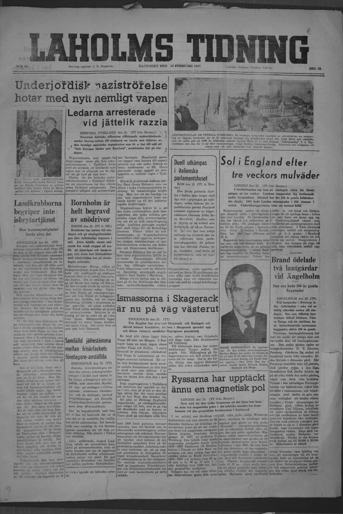 Laholms Tidning Måndag 24 februari 1947, sida 1