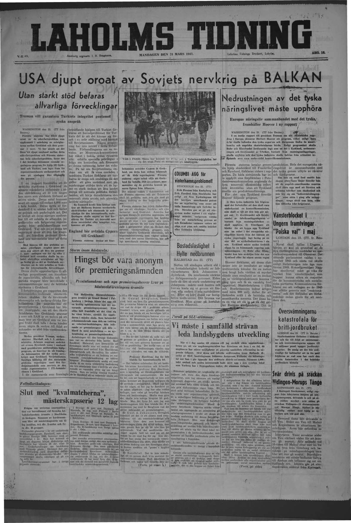 Laholms Tidning Måndag 24 mars 1947, sida 1