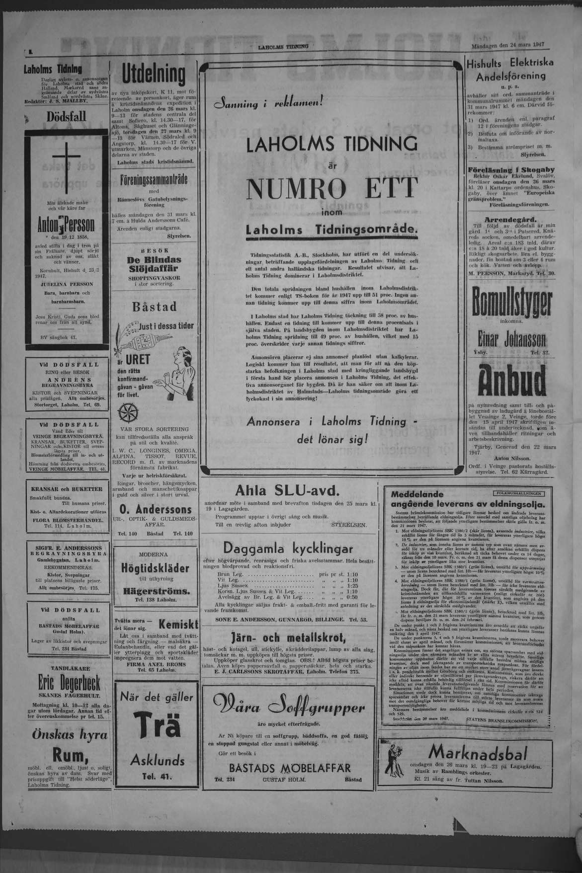 Laholms Tidning Måndag 24 mars 1947, sida 2