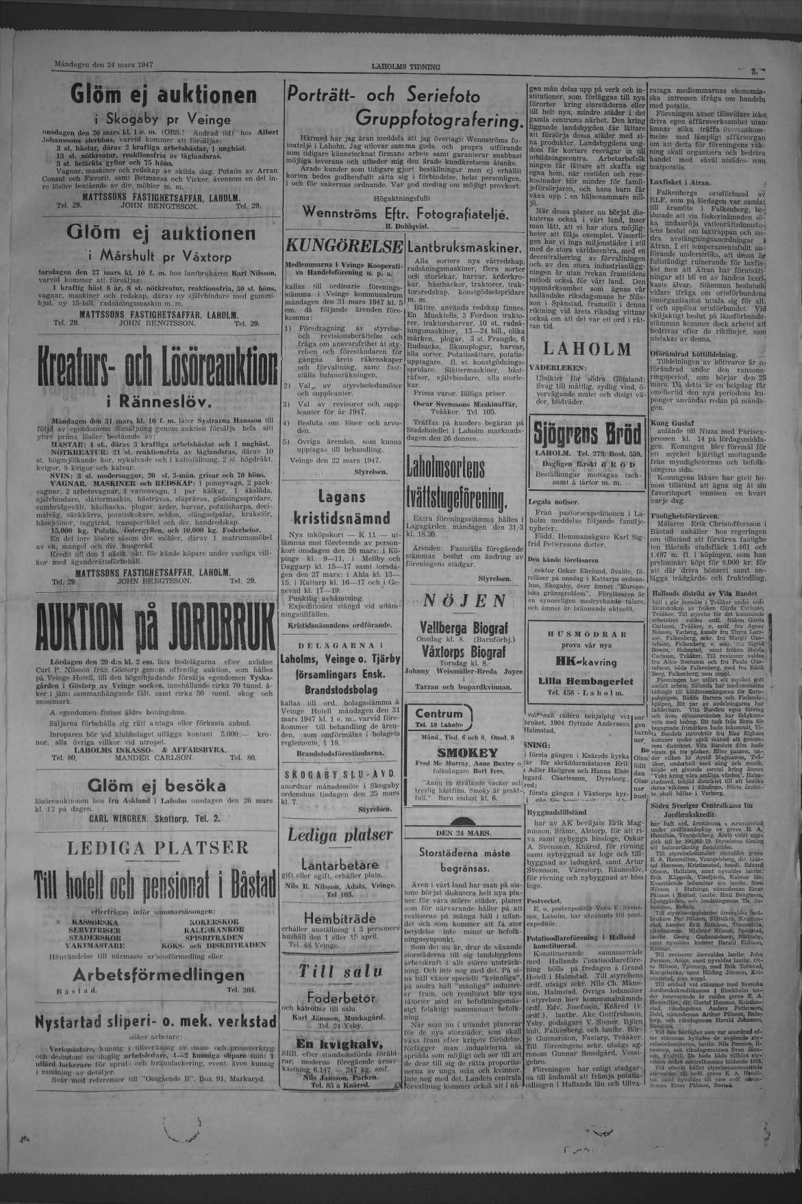 Laholms Tidning Måndag 24 mars 1947, sida 3