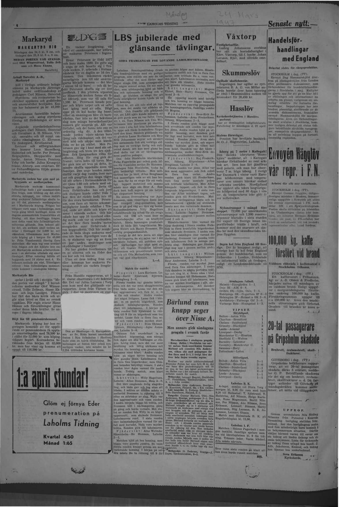 Laholms Tidning Måndag 24 mars 1947, sida 4
