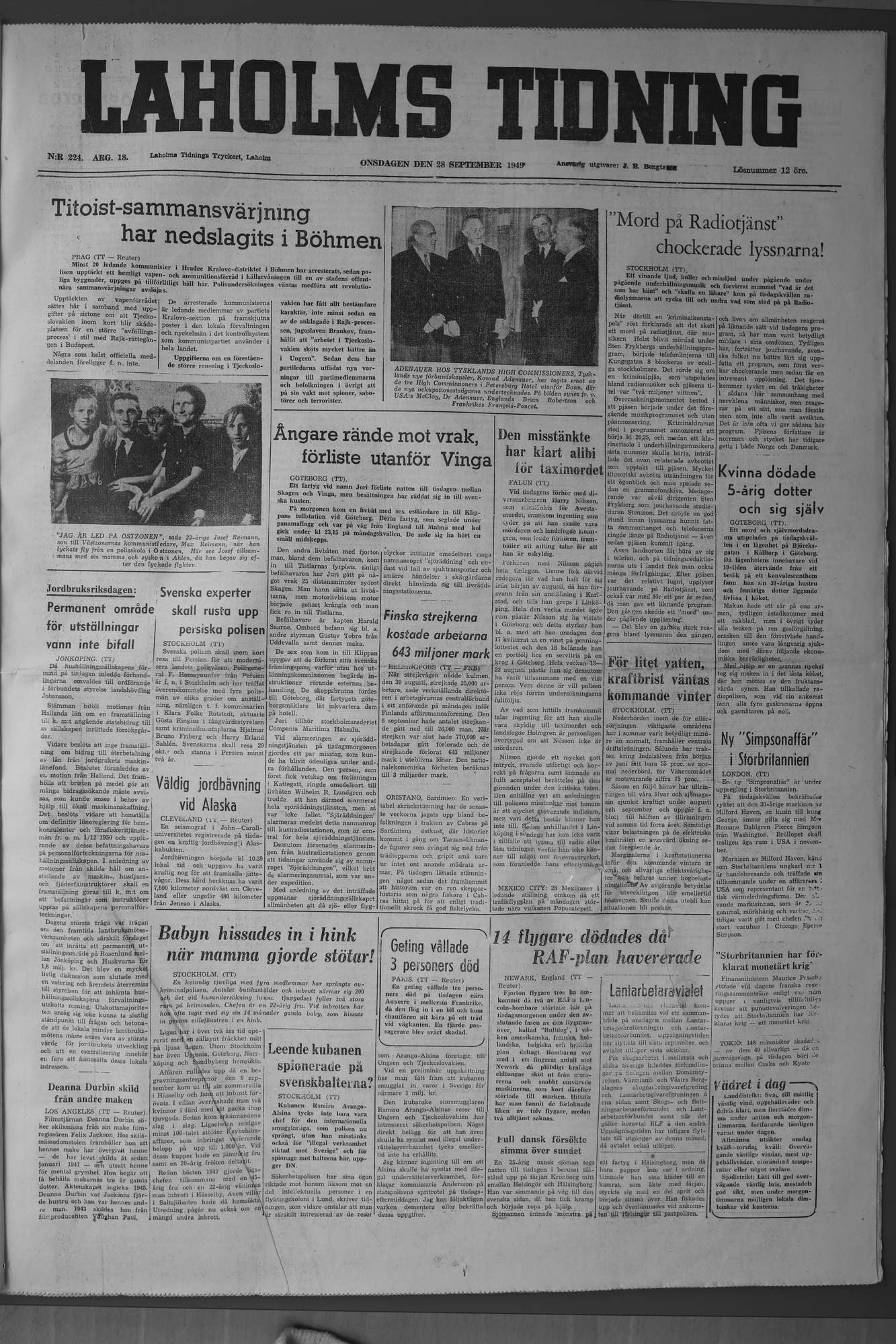 Laholms Tidning Onsdag 28 september 1949, sida 1