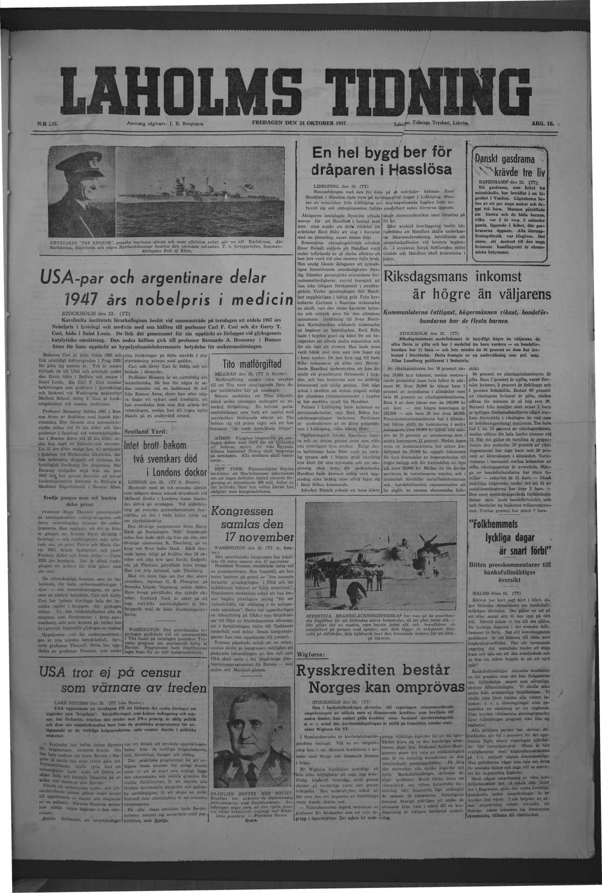 Laholms Tidning Fredag 24 oktober 1947, sida 1