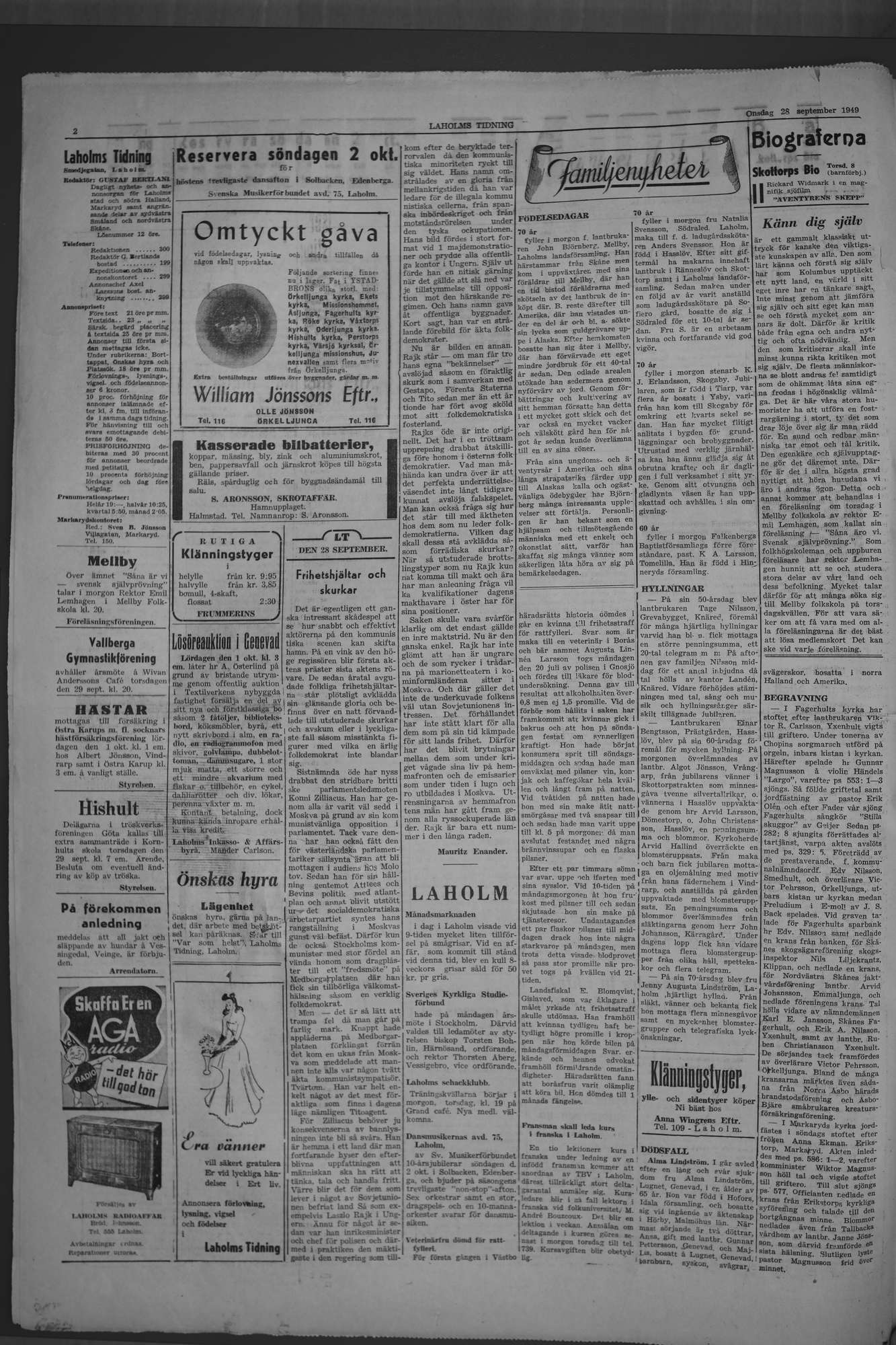 Laholms Tidning Onsdag 28 september 1949, sida 2